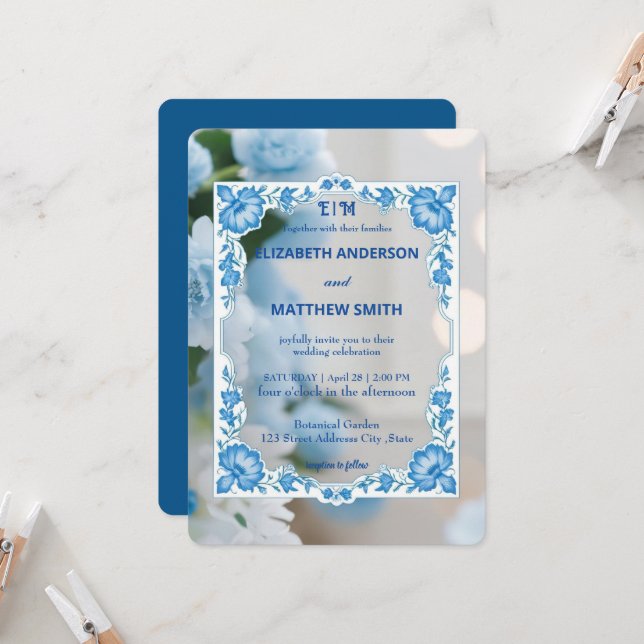 Invitation Mariage de fleurs monogramme classique Elegance Sc (Devant/Arrière en situation)