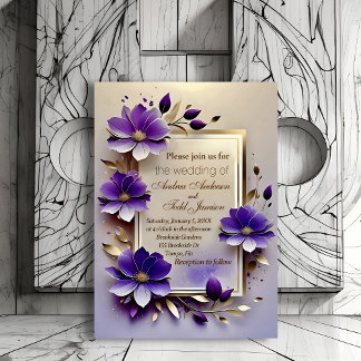 Invitation Mariage de fleurs pourpres de feuille d'or