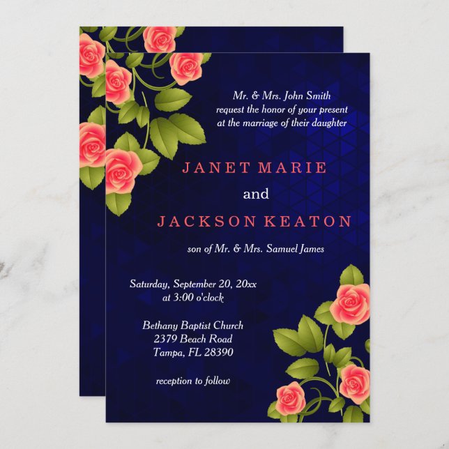 Invitation Mariage de fleurs Rose bleu foncé et corail (Devant / Derrière)