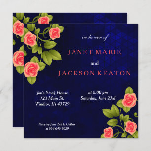 Invitation Mariage de fleurs Rose bleu foncé et corail