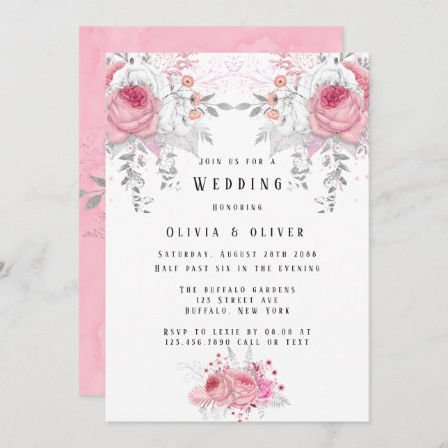 Invitation Mariage de fleurs rose et argent Peony (Devant / Derrière)