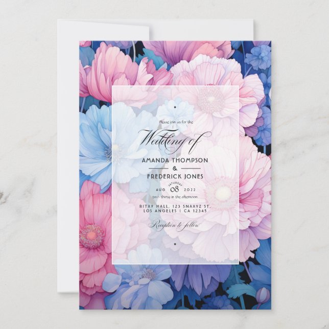 Invitation Mariage de fleurs rose et bleu doux (Devant)