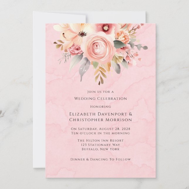 Invitation Mariage de fleurs rose et or chic (Devant)