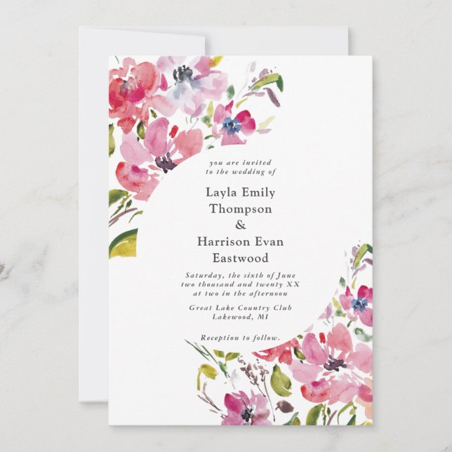 Invitation Mariage de fleurs rose Fleur sauvage aquarelle (Devant)