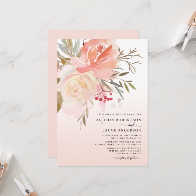 Invitation Mariage de fleurs rose pâle Aquarelle (Devant/Arrière en situation)