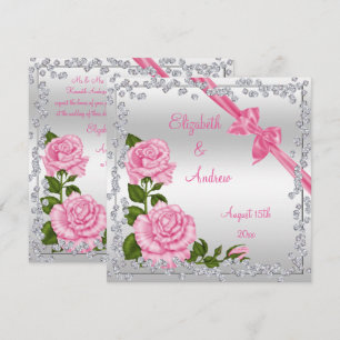 Invitation Mariage de fleurs roses, vaches et diamants