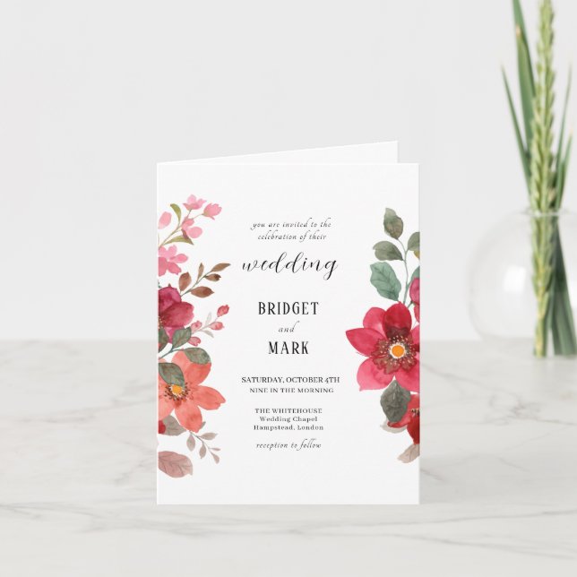 Invitation Mariage de fleurs rouges intemporel (Devant)