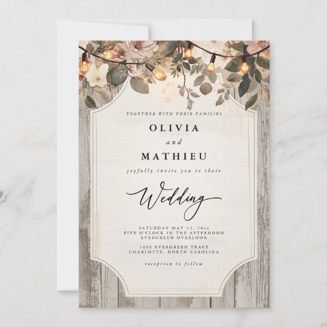 Invitation Mariage de fleurs rustiques de bois (Devant)