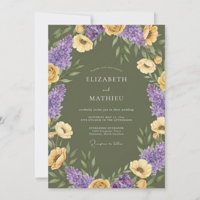 Invitation Mariage de Fleurs Sauvages Artistiques Vert Olive (Devant)