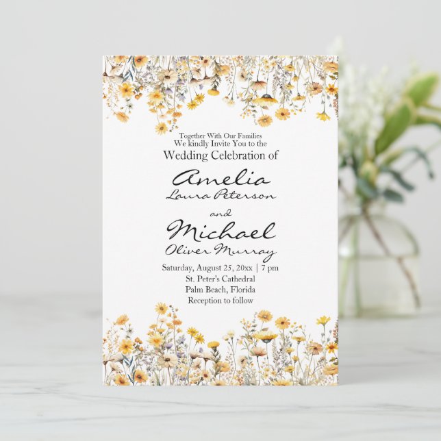 Invitation Mariage de Fleurs sauvages de la prairie jaune bla (Debout devant)