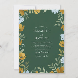 Invitation Mariage de fleurs sauvages Émeraude et Moutarde