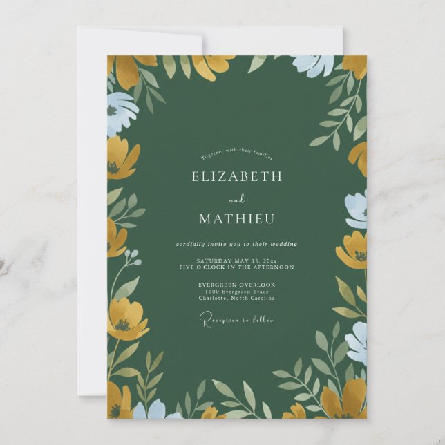Invitation Mariage de fleurs sauvages Émeraude et Moutarde (Devant)