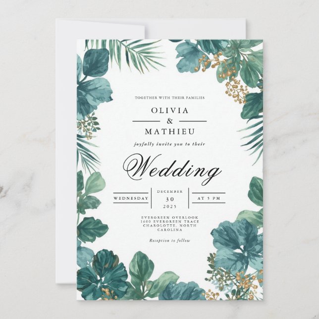 Invitation Mariage de fleurs végétales Turquoises profondes (Devant)