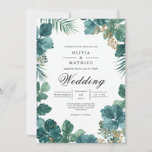 Invitation Mariage de fleurs végétales Turquoises profondes