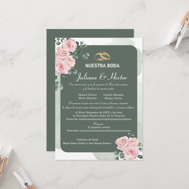 Invitation Mariage de fleurs vertes (Devant/Arrière en situation)