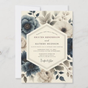 Invitation Mariage de Fleurs Vintage Bleu Ardoise