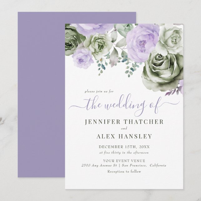 Invitation Mariage de fleurs violet vert (Devant / Derrière)