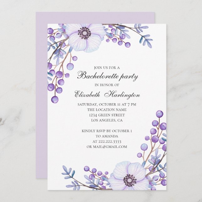 Invitation Mariage de fleurs violettes. Fête de bachelorette  (Devant / Derrière)
