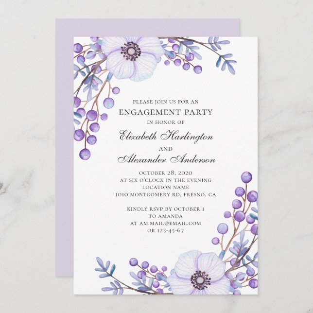 Invitation Mariage de fleurs violettes. Fête de fiançailles f (Devant / Derrière)