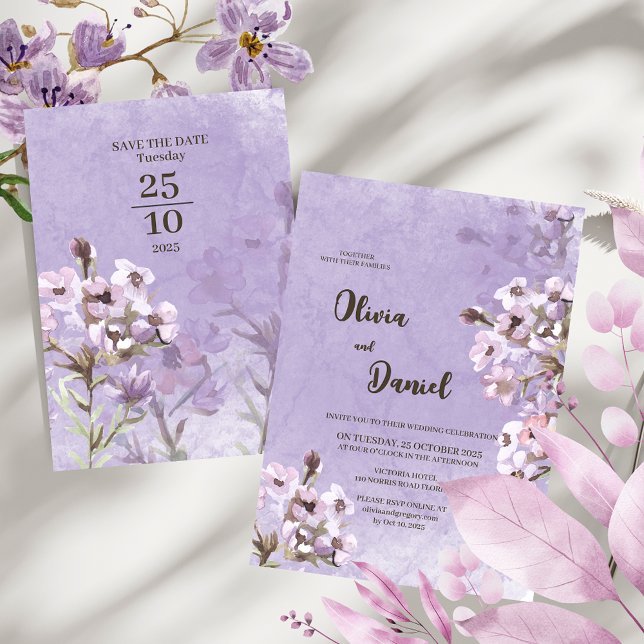 Invitation Mariage de fleurs violettes rustiques modernes (Créateur téléchargé)