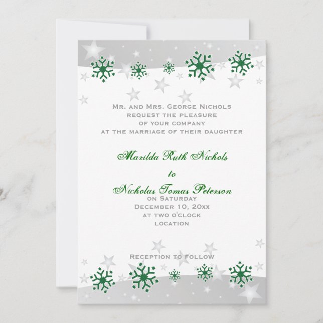 Invitation Mariage de flocon blanc gris vert argenté (Devant)
