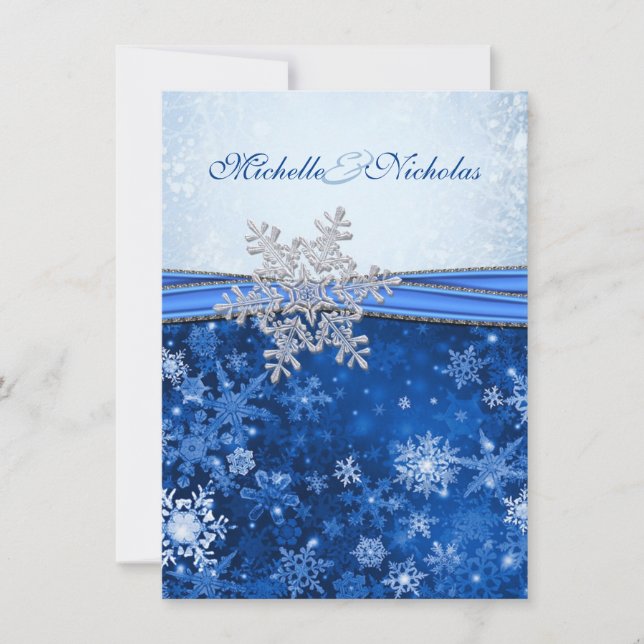 Invitation Mariage de flocons blancs, argentés et bleus (Devant)