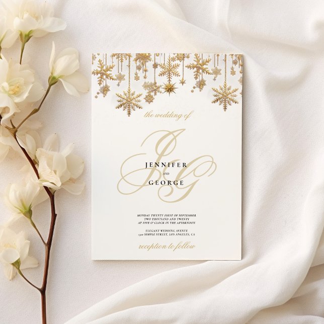Invitation Mariage de flocons de neige en or blanc (White gold monogram initials snowflakes Wedding )