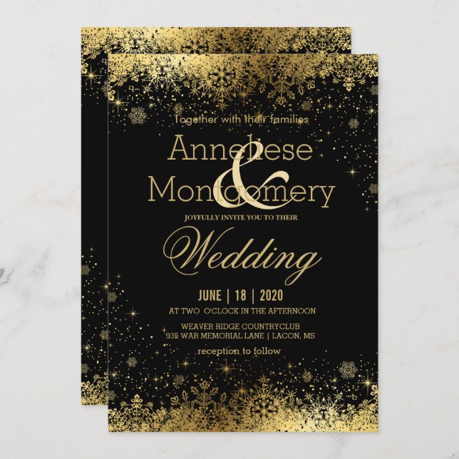 Invitation Mariage de flocons de neige noirs et d'or (Devant / Derrière)
