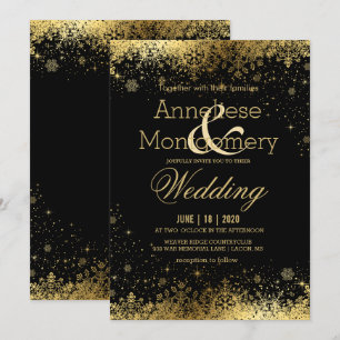 Invitation Mariage de flocons de neige noirs et d'or