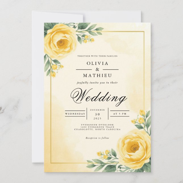 Invitation Mariage de floraison botanique en or (Devant)