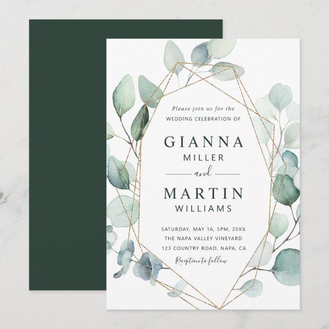 Invitation Mariage de Foliage Géométrique Or (Devant / Derrière)