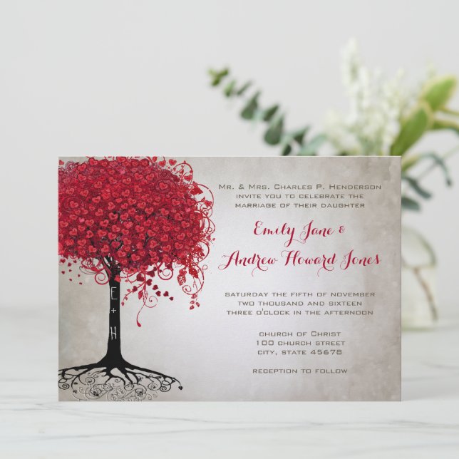 Invitation Mariage de forêt de feuilles de coeur rouge Apple (Debout devant)