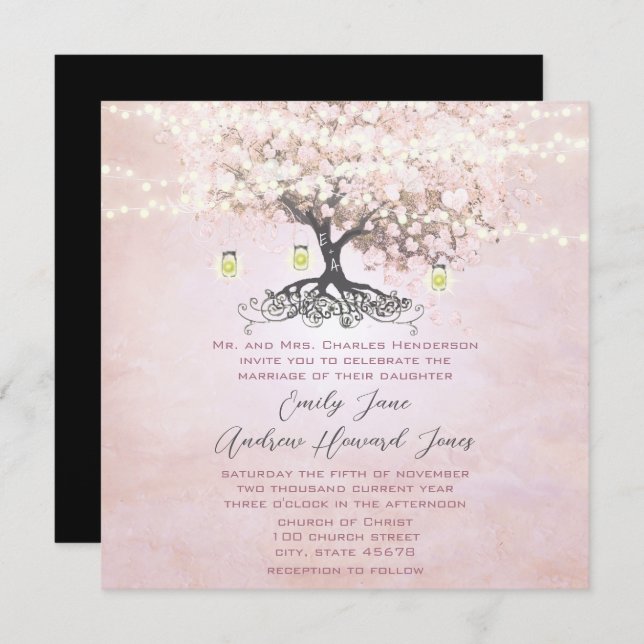 Invitation Mariage de forêt de feuillus d'arbre de coeur rose (Devant / Derrière)