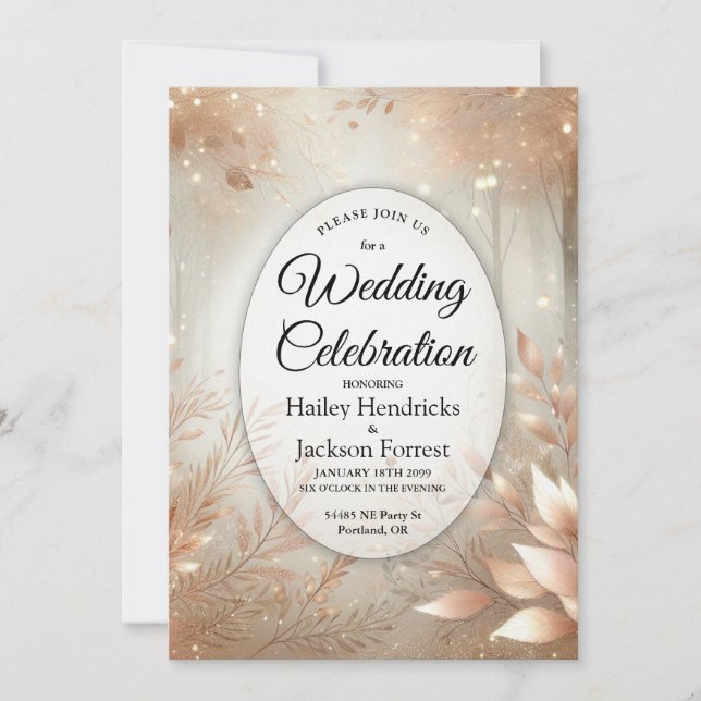 Invitation Mariage de forêt enchantée en bois de rose doré (Devant)