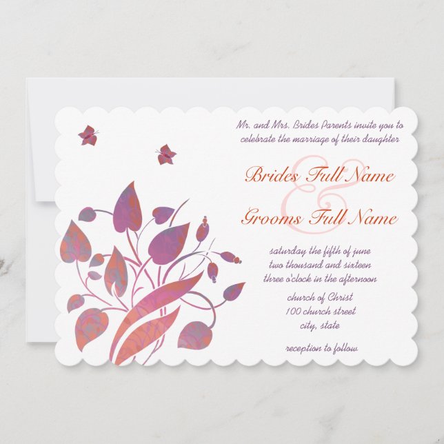 Invitation Mariage de framboise de corail et papillon pourpre (Devant)