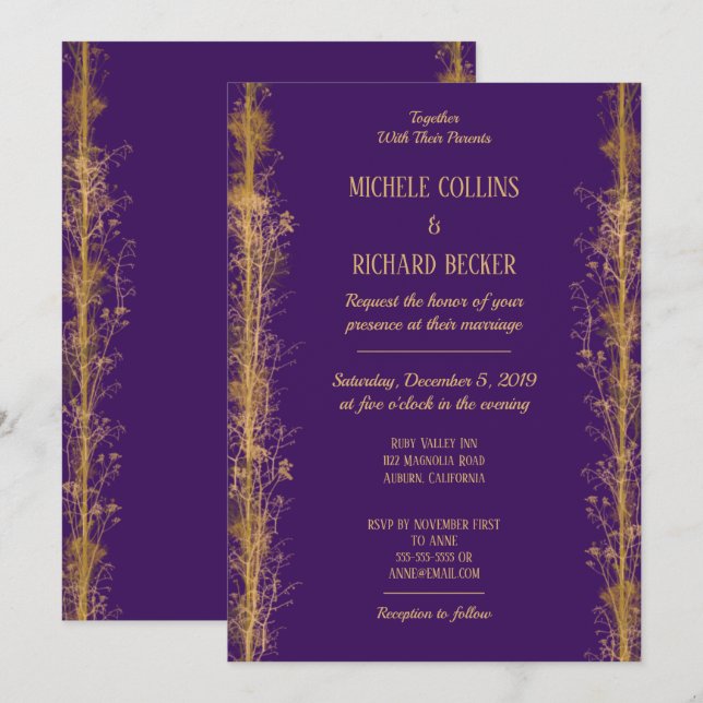 Invitation Mariage de frontière botanique en or chic (Devant / Derrière)