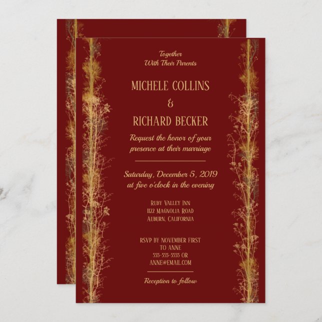 Invitation Mariage de frontière botanique en or chic (Devant / Derrière)