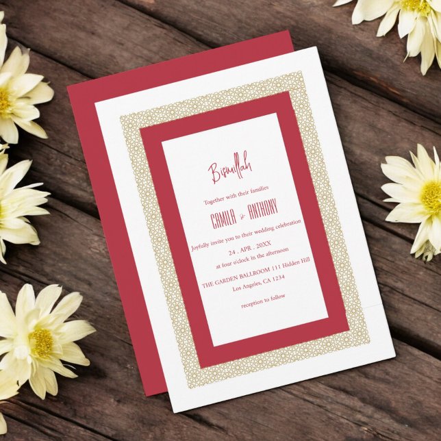 Invitation Mariage de frontière géométrique islamique rouge (Créateur téléchargé)