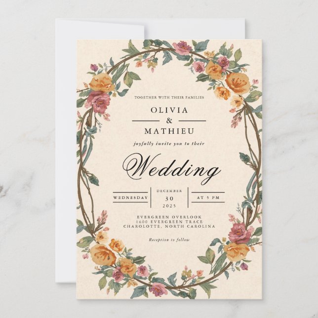 Invitation Mariage de frontière ovale floral rustique (Devant)