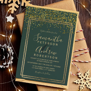 Invitation Mariage de frontière vert confetti en or chic