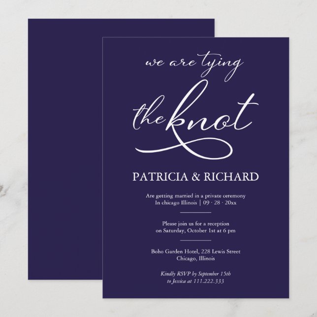 Invitation Mariage de fuite en bleu marine et calligraphie bl (Devant / Derrière)