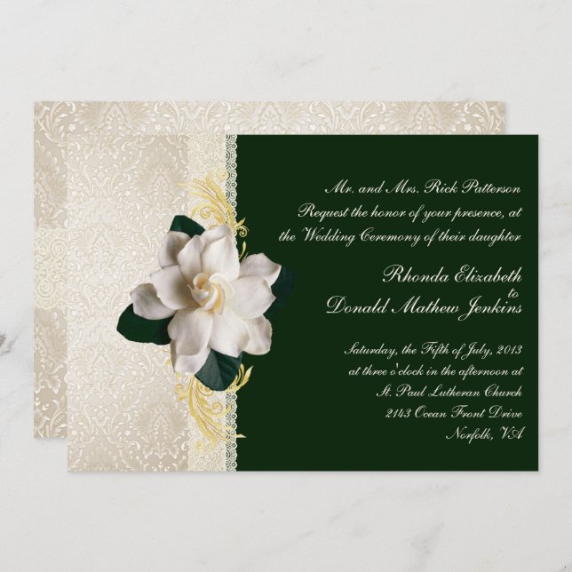 Invitation Mariage de Gardenia vert foncé et ivoire (Devant / Derrière)