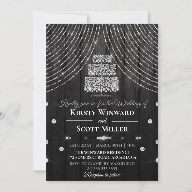 Invitation Mariage de Gâteau de rideau en diamant noir argent (Devant)