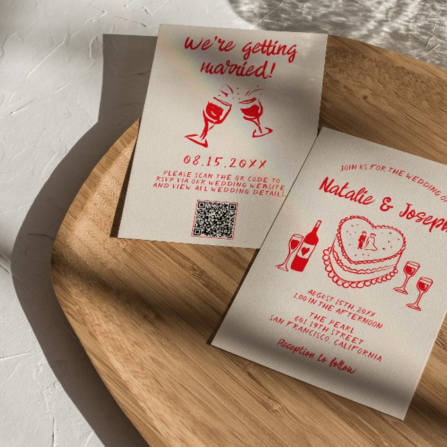 Invitation Mariage de gâteau Red Quirky de code QR tiré à la  (Créateur téléchargé)