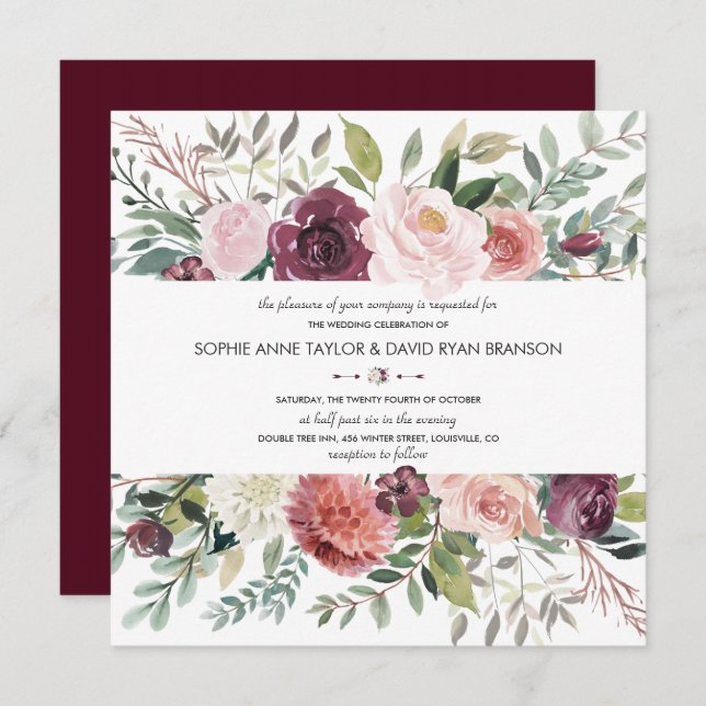 Invitation Mariage de germe floral d'ivoire de Bourgogne (Devant / Derrière)