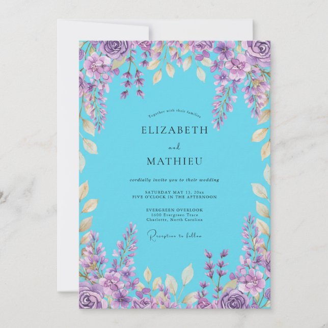 Invitation Mariage de glycine lilas azur (Devant)