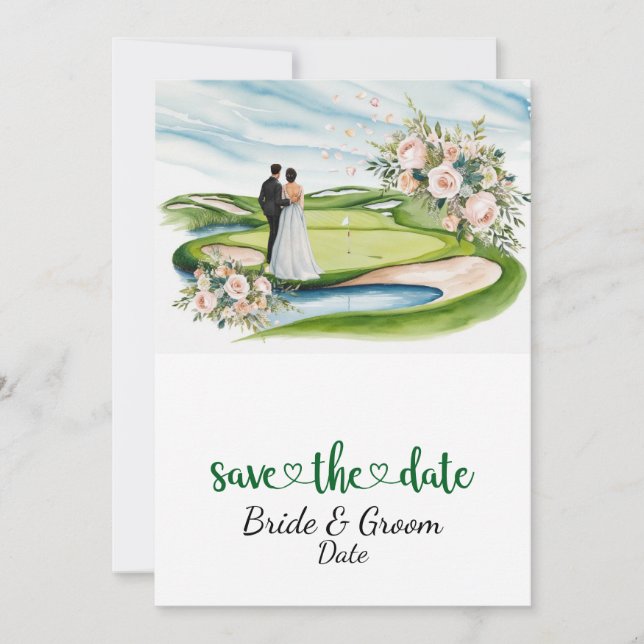 Invitation Mariage de golf avec mariée et marié à la maison c (Devant)