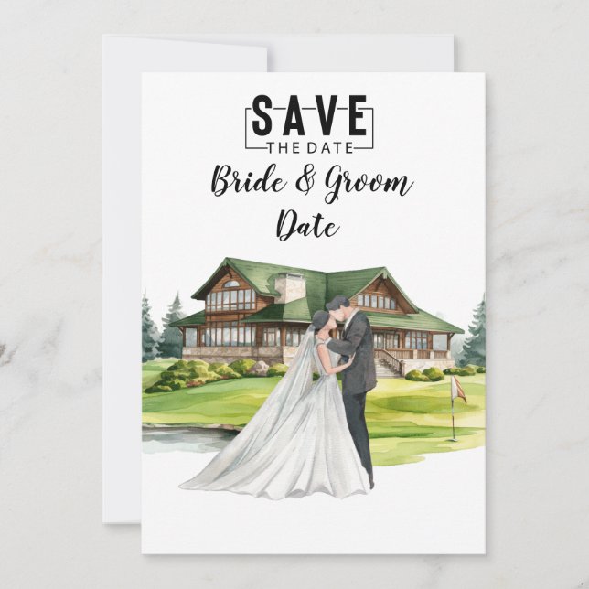 Invitation Mariage de golf avec mariée et marié à la maison c (Devant)