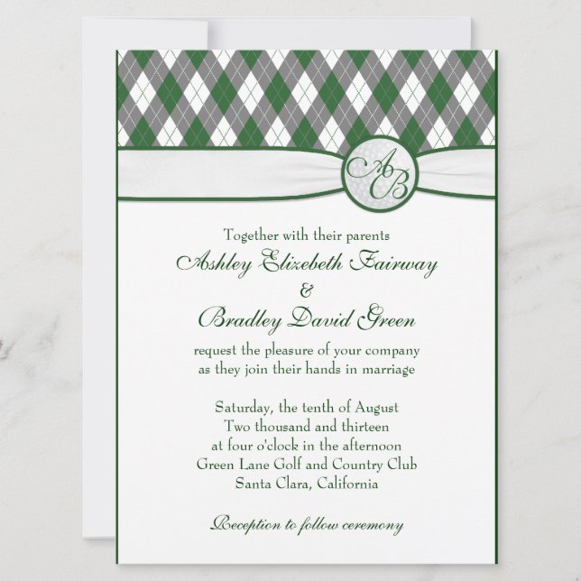 Invitation Mariage de golf de Jacquard Golfball Green Monogra (Devant)