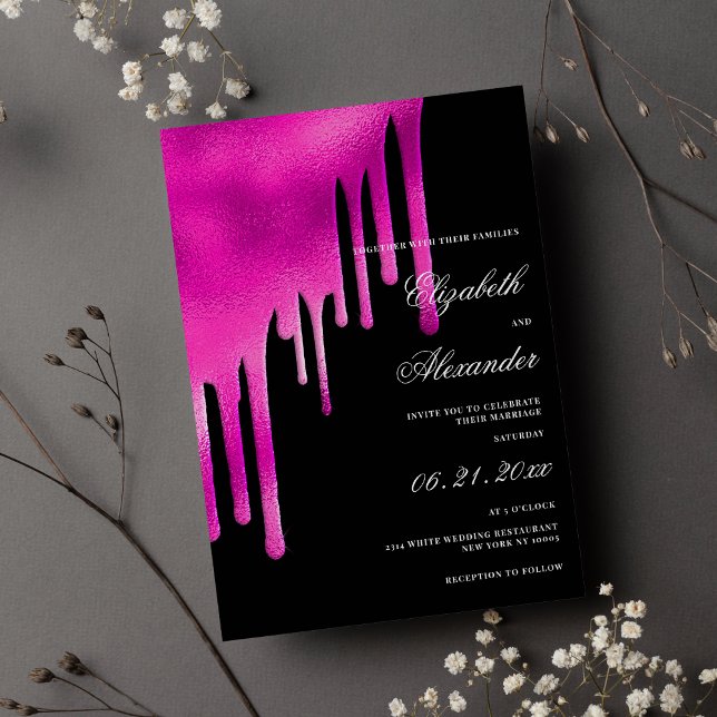 Invitation Mariage de gouttes de dégradé d'aquarelle noire ro (Hot pink black watercolor gradient drips wedding)